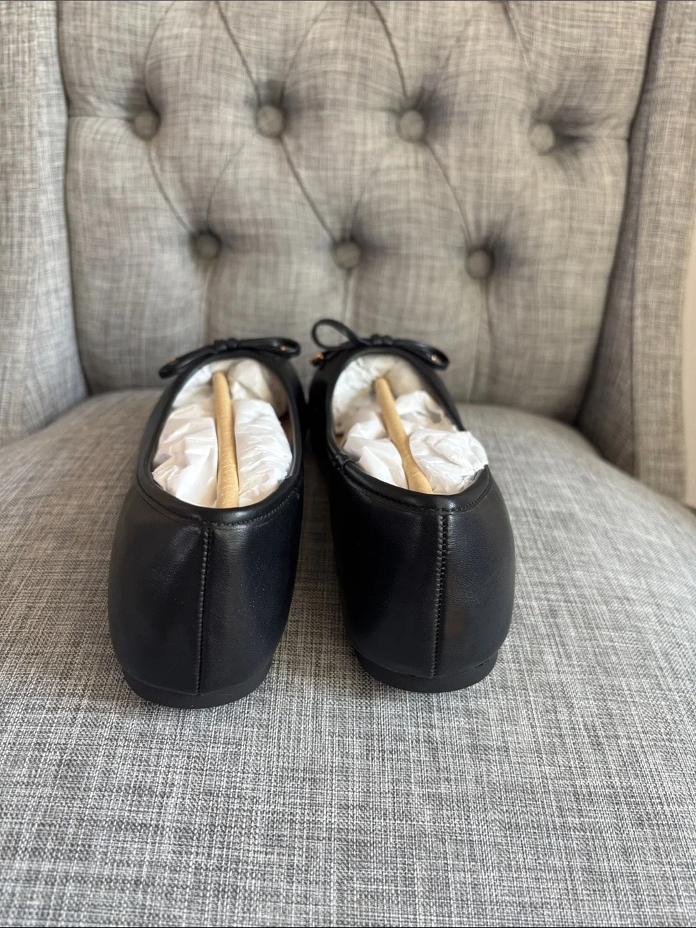 Women's Black Leather Ballet Flats with Bow Accent